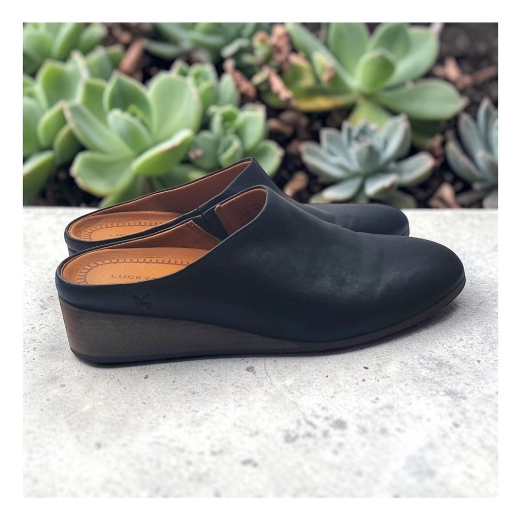 Lucky Brand Polona Black Leather Wedge Mules Slides Shoes Womens 8.5 M